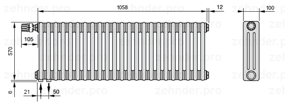 Схема (чертеж) Радиатор Zehnder Charleston 3057/23 №V001 Белый глянцевый RAL 9016